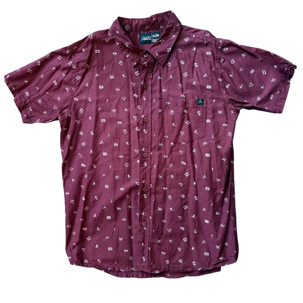 ANKOR Nautical Print Button-Down Shirt | Boys XL (18) | Burgundy Cotton‎